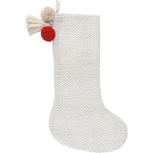Holiday Stocking with Textured Pom and Tassel - White Cotton Decor