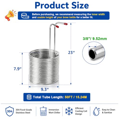 50ft Stainless Steel Immersion Wort Chiller Coil for Homebrew Beer Cooling