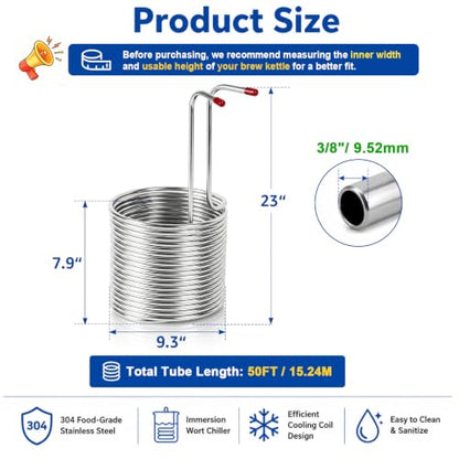 50ft Stainless Steel Immersion Wort Chiller Coil for Homebrew Beer Cooling