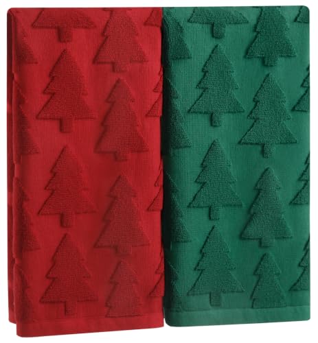 Quera Christmas Hand Towels Set - Red & Green Xmas Tree Decor with Bow - Holiday Bathroom & Kitchen