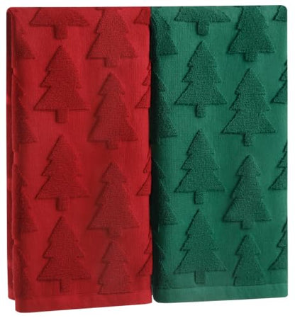 Quera Christmas Hand Towels Set - Red & Green Xmas Tree Decor with Bow - Holiday Bathroom & Kitchen