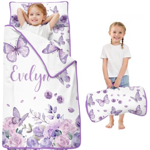 Personalized Toddler Nap Mat with Name - Butterfly Kids Roll Up with Pillow & Blanket, Style 2, 50x20"