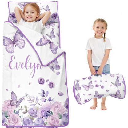 Personalized Toddler Nap Mat with Name - Butterfly Kids Roll Up with Pillow & Blanket, Style 2, 50x20"