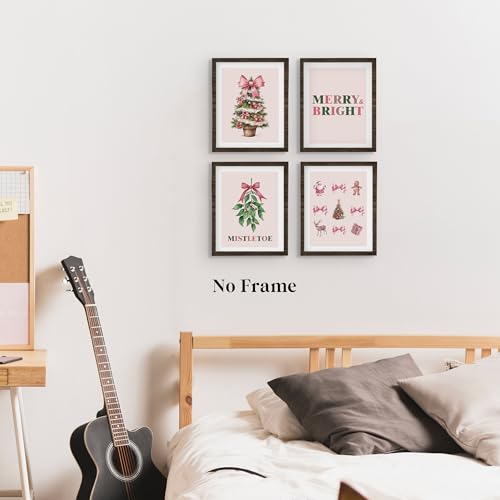 Christmas Tree Wall Art Prints Set of 4 - Pink & Green Mistletoe Decor for Girls Room, 8x10 Unframed