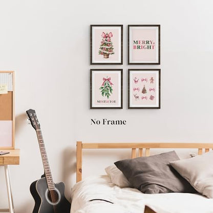 Christmas Tree Wall Art Prints Set of 4 - Pink & Green Mistletoe Decor for Girls Room, 8x10 Unframed