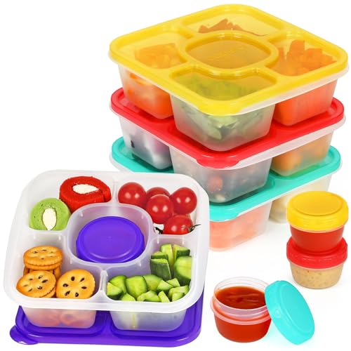 Caperci Original Bento Snack Box Containers for Kids & Adults - Lunchable Food Containers 5 Compartments with 4 Leakproof Small Containers, BPA-Free, Set of 4 (Brights)