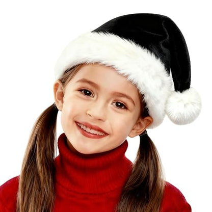 Child Santa Hat Black Velvet Plush Xmas Hat for Kids Holiday Party
