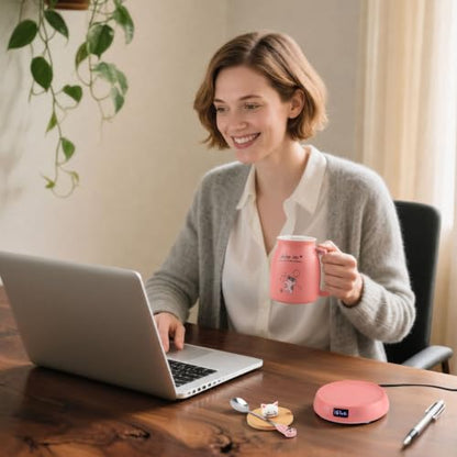 Pink Cat Mug Warmer Set with 16oz Ceramic Cup - Electric Desk Heater