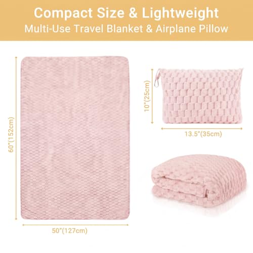 Pink Travel Blanket with Bag - Soft Fleece Portable Airplane Throw