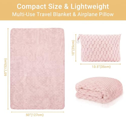 Pink Travel Blanket with Bag - Soft Fleece Portable Airplane Throw