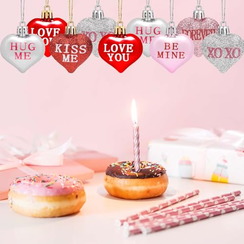 Heart Shaped Ornaments Set of 24 Valentine's Day Decor Pink Red Silver Variations