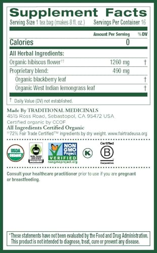 Traditional Medicinals Organic Hibiscus Herbal Tea, Supports Heart Health, (Pack of 3) - 48 Tea Bags Total