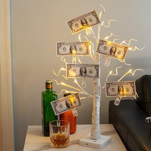 Lighted Money Tree Gift Holder with USB & Timer - 2FT Birch Tree for Holiday Decor
