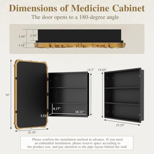 Vintage Wooden Medicine Cabinet with Mirror and Storage - Gold, 20x30 Inches