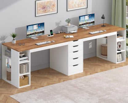 Brown and White 95 Inch 2 Person Desk with 5 Drawers & Outlets for Home Office