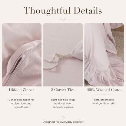 Ruffle Duvet Cover Set Queen 100% Washed Cotton Linen Feel Grayish Pink