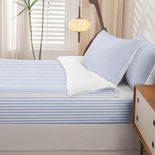 Queen Blue White Stripe Comforter Set with Zippered Bed-In-A-Bag