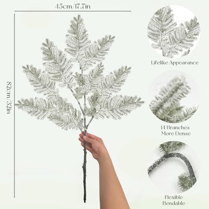 Large Frosted Christmas Pine Stems - Artificial Snowy Greenery for Holiday Decor, 33 Inches