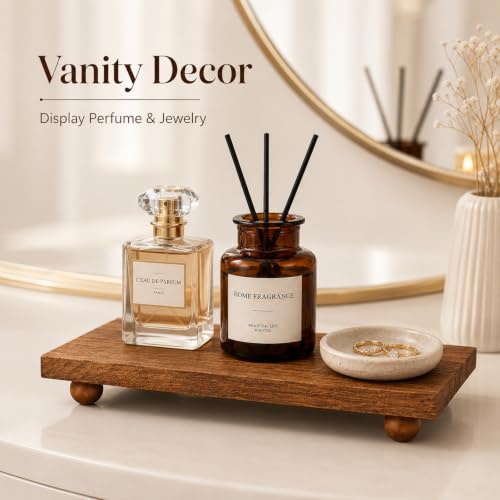Wood Pedestal Stand for Kitchen Counter 11.81 x 7.0 x 1.5 Inches - Rustic Wooden Display Tray