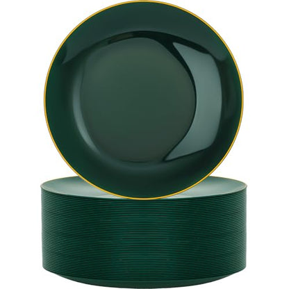 Disposable Dinner Plates 10.25 Inch Green & Gold Plastic Set 100PCS - Elegant & Durable