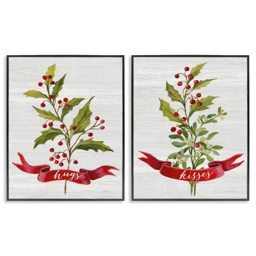Christmas Holly Branch Love Framed Giclée Print Set - Midnight Black, 14x11 Inches