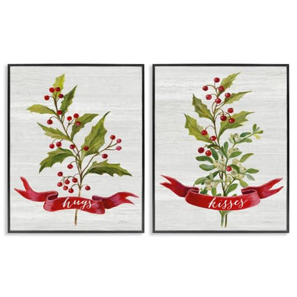 Christmas Holly Branch Love Framed Giclée Print Set - Midnight Black, 14x11 Inches
