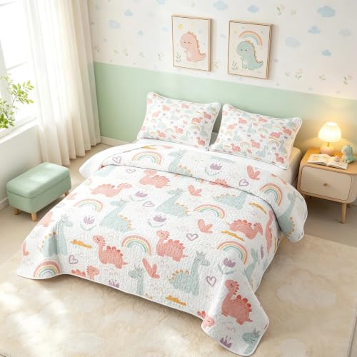 Pink Green Dinosaur Quilt Set Twin Size with Pillowcase - Cartoon Dino Bedspread for Kids