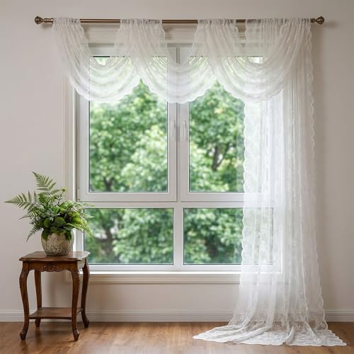 White Lace Canopy Bed Curtains - Sheer Mesh Drapes for Bedroom Decor - 28W x 276L