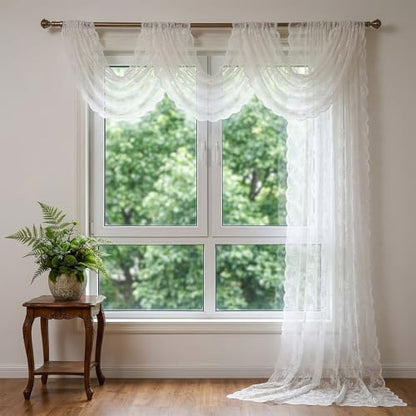 White Lace Canopy Bed Curtains - Sheer Mesh Drapes for Bedroom Decor - 28W x 276L
