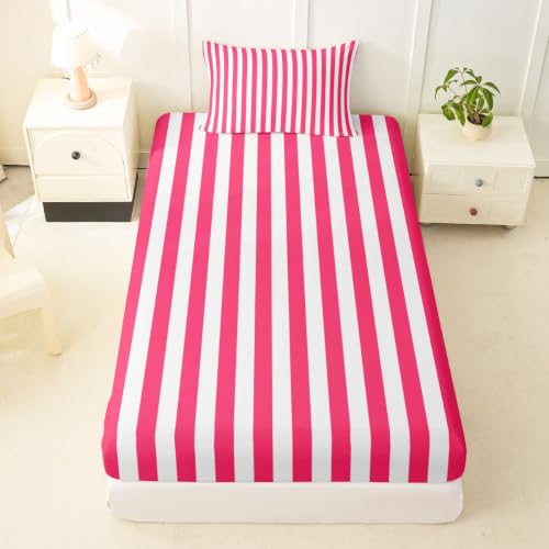 Kids Twin Size Red White Striped Fitted Sheet No Top Sheet - Elastic Corners