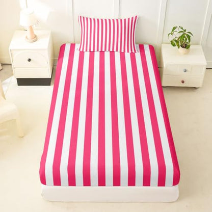 Kids Twin Size Red White Striped Fitted Sheet No Top Sheet - Elastic Corners