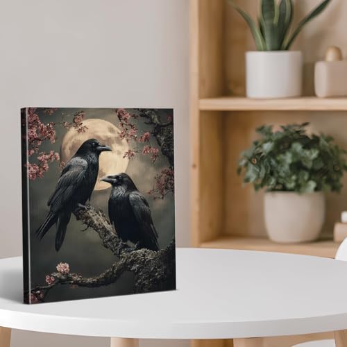 Gothic Raven Moon Canvas Wall Art - Dark Crow Nature Decor - Variation of Raven-01