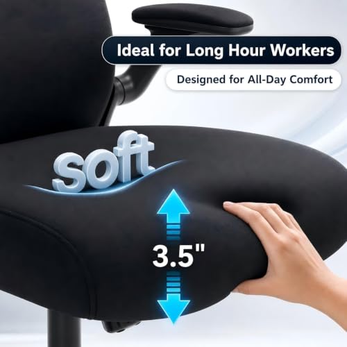 Ergonomic Office Chair with 3.5-Inch Cushion for Long Hours, Black/Satin Silver