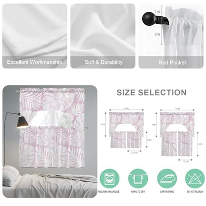 Pink Palm Leaves Swag Curtain Set 3 Pieces with Cherry Blossom Pink Variation
