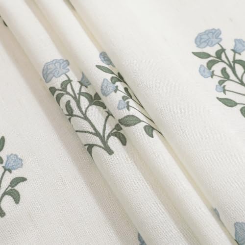 Blue Green Floral Cafe Curtains Set of 2, 24W x 24L Linen Farmhouse Tier