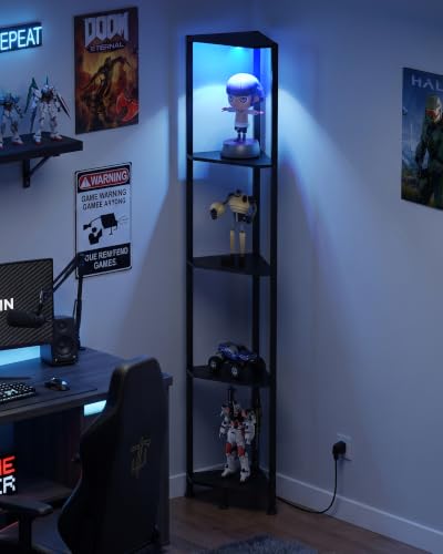65-Inch Corner Shelf with LED Spotlight 5-Tier Industrial Display Black