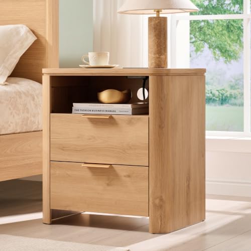 24" Tall Nightstand with Charging Station - 2 Drawers + Open Shelf, Natural (22" W x 15" D x 24" H)