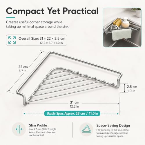 Stainless Steel Corner Sink Shelf - Triangular Drying Rack for Kitchen, Space-Saving Organizer with Drainage & Raised Sides - Variation 2