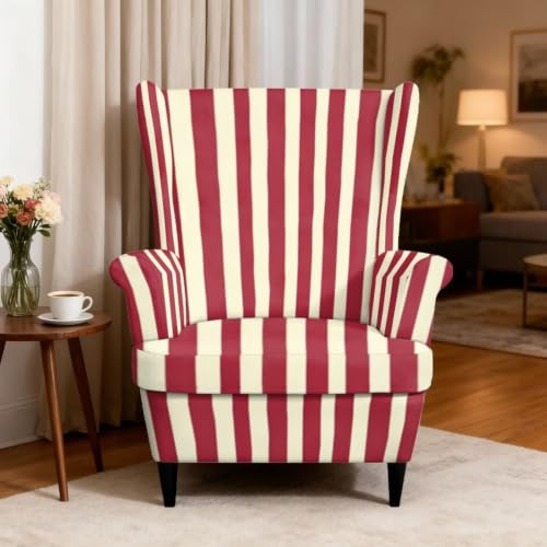 Red Stripes Wingback Chair Cover 2-Piece Stretch Slipcover for Armchair Protection