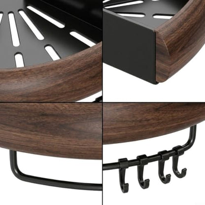 Aluminum Corner Bathroom Shelf with Walnut Finish Wall Mount Storage