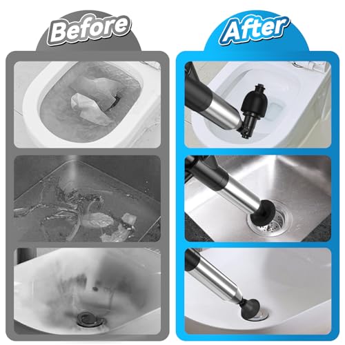 EXPBSYOU Black High Pressure Toilet Plunger with Visual Barometer - Stainless Steel Air Drain Blaster for Clogged Toilets and Drains
