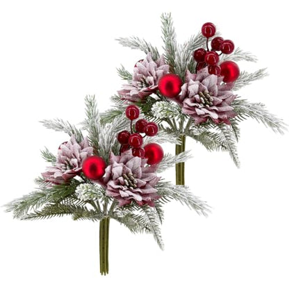Christmas Bouquet Red Winter Artificial Flowers 2 Pack Holiday Decor