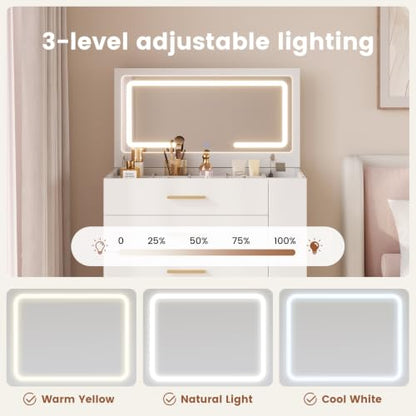 4-in-1 Vanity Desk with Mirror, LED Lights & Storage Stool