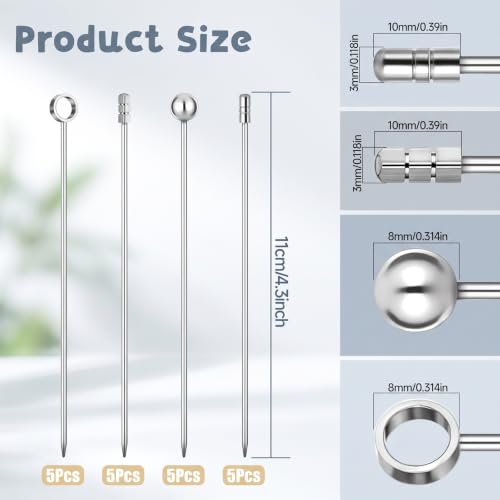 20 Pcs Stainless Steel Cocktail Picks Set - Reusable Martini Garnish Skewers