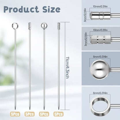 20 Pcs Stainless Steel Cocktail Picks Set - Reusable Martini Garnish Skewers