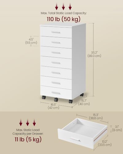 VASAGLE White 7-Drawer File Cabinet on Wheels with Lockable Casters