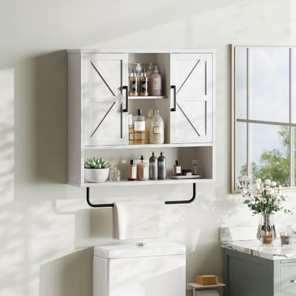 Bathroom Wall Cabinet with Doors and Towel Bar - Wall Mounted Storage Organizer