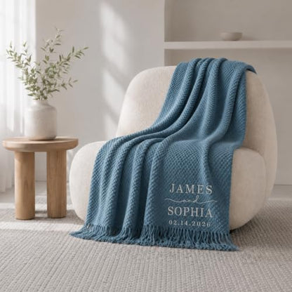 Personalized Wedding Blanket for Couples Custom Names & Date Woven Throw with Fringe