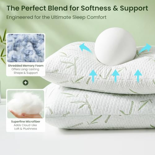 Queen Size Cooling Shredded Memory Foam Pillows Set of 2 - Adjustable Support with Washable Cover