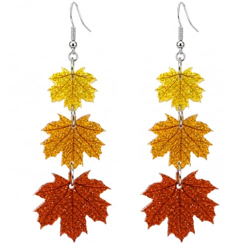 Thanksgiving Fall Maple Leaf Earrings for Women - 3 Layer Autumn Jewelry - Orange Yellow